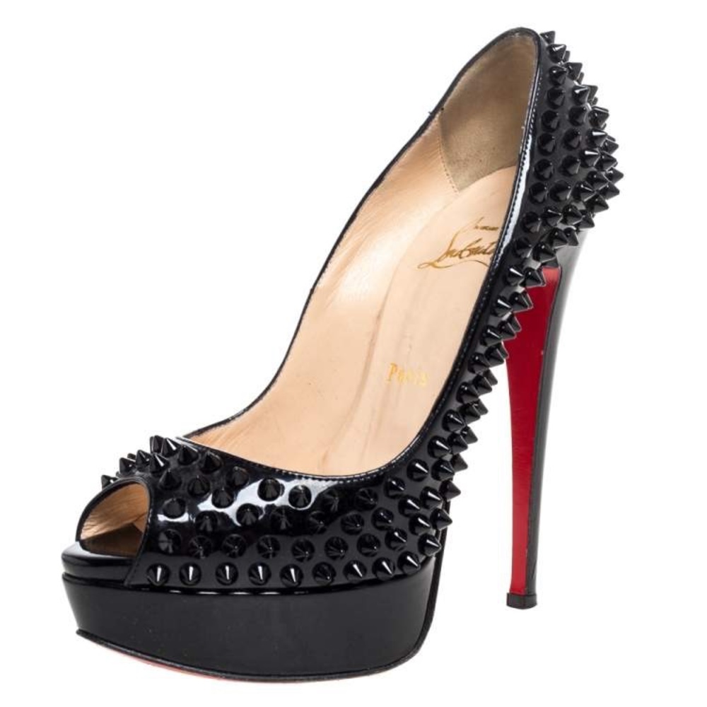 Christian Louboutin Black Patent Spike Lady Peep Toe Platform Pumps.